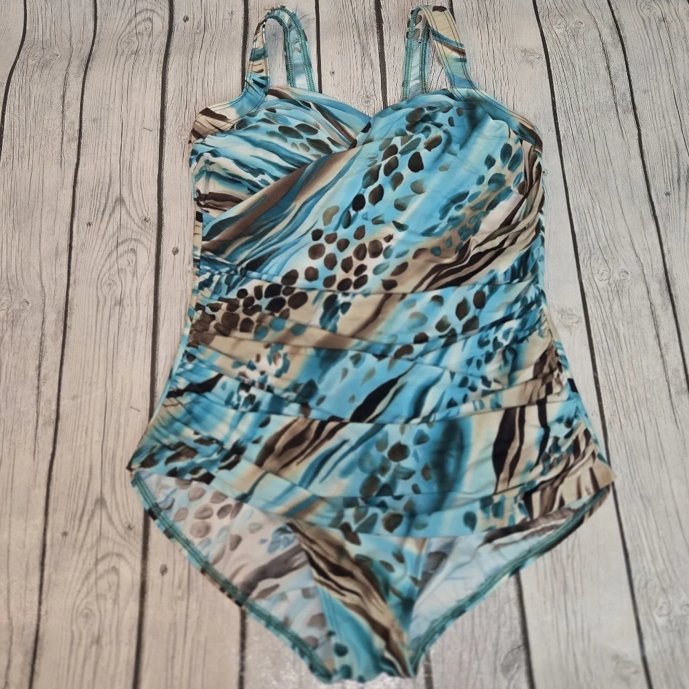 Miraclesuit Escape Animal Print Aqua Turquoise One Piece Swimsuit Size 16